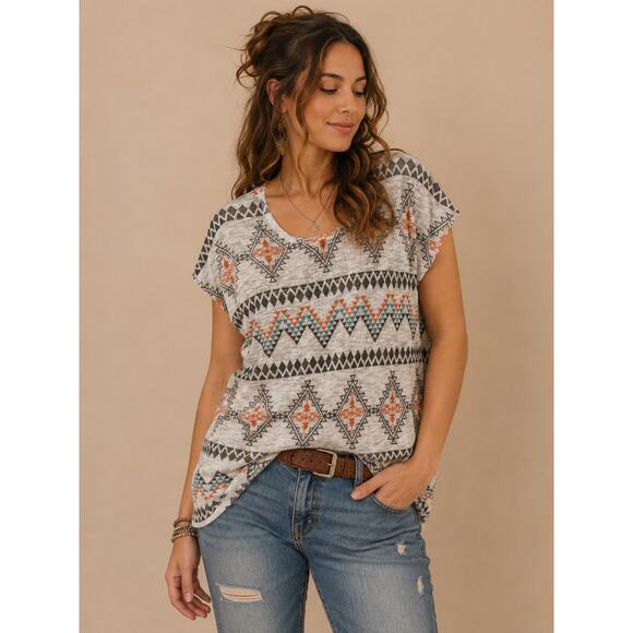 love J Tops - Aztec Tribal Print Knit Top XL Boho Southwest Short Sleeve Tunic Western Shirt